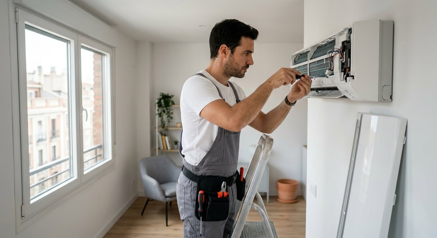Técnico reparando aire acondicionado en Mallorca